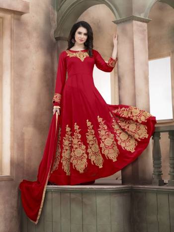 Adorn The Angelic Look Wearing This Designer Floor Length Suit In Red Color Paired With Red Colored Bottom And Dupatta. Its Top Is Fabricated On Georgette Paired With Santoon Bottom And Chiffon Dupatta. Buy This Suit Now.