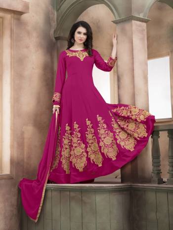 Attract All Wearing This Floor Length Suit In Pink Color Paired With Pink Colored Bottom And Dupatta. Its Top Is Fabricated On Georgette Paired With Santoon Bottom And Chiffon Dupatta. All Its Fabrics Enures Superb Comfort All day Long. Buy Now.