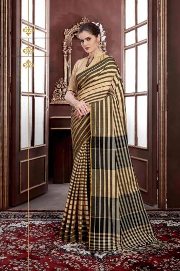 Simple Saree Is Here In Beige And Black Color Paired With Beige Colored Blouse. This Saree Is Fabricated On Handloom Weaving Silk Paired With Art Silk fabricated Blouse. Both The Fabrics Are Light Weight And Easy To Carry All Day Long.