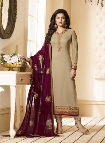 Simplicity Is The Key To Elegance And Beauty, So Grab This Simple And Elegant Looking Designer Beige Colored Staright Cut Suit Paired With Beige Colored Bottom And Magenta Pink Colored Dupatta. Its Top Is Fabricated On Georgette Paired With Santoon Bottom And Georgette Dupatta. Its Top And Dupatta Are Beautified With Elegant Embroidery. Buy Now.