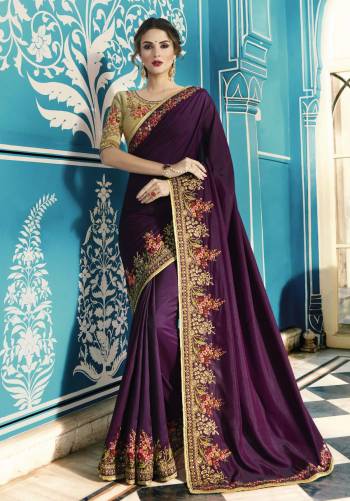 Attract All Wearing This Lovely Saree In Purple Color Paired With Beige Colored Blouse. This Saree And Blouse Are Fabricated On Art Silk Beautified With Detailed Embroidery All Over. Buy This Designer Saree Now.