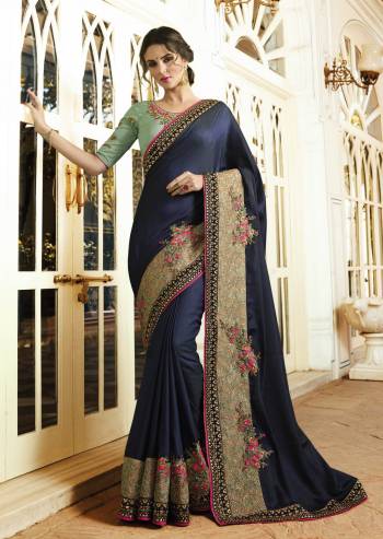 Enhance Your Personality Wearing This Designer Saree In Navy Blue Color Paired With Contrasting Pastel Green Colored Blouse. This Saree Is Fabricated On Soft Silk Paired With Art Silk Fabricated Blouse. Both The Fabrics Ensures Superb Comfort All Day Long.