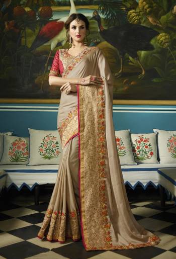 Simple And Elegant Looking Saree Is Here With This Designer Saree In Beige Color Paired With Beige And Pink Colored Blouse. This Saree Is Fabricated On Soft Silk paired With Jacquard Silk And Art Silk Blouse. Its Has Multi Colored Attractive Embroidery. Buy This Saree Now.