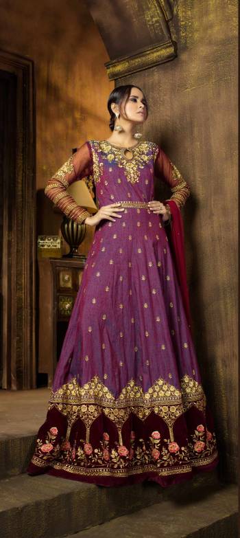 Grab This Attractive Designer Floor Length Suit In Purple Colored Top Paired With Contrasting Maroon Colored Dupatta. Its Top Is Fabricated On Art Silk Paired With Chiffon Dupatta. This Designer Suit Has Beautiful Color Combination And Embroidery. Buy Now.