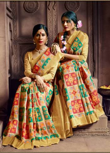 Colors Add Beauty To Any Attire, So Grab This Multi Colored Saree Paired With Light Yellow Colored Blouse. This Saree And Blouse Are Fabricated On Banarasi Art Silk Beautified With Weave. Buy This Designer Saree Now.