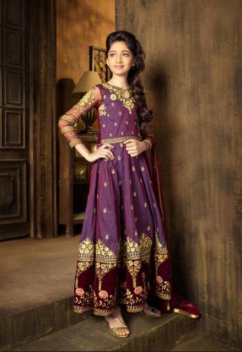 Give A Different Look To Your Girl By Making Her Wear This Beautiful Designer Purple Colored Floor Length Suit Paired With Contrasting Maroon Colored Dupatta. Its Top Is Fabricated On Art Silk Paired With Chiffon Dupatta. Buy This Lovely Dress Now.