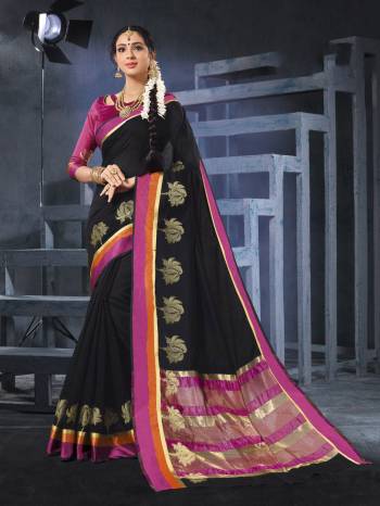 Enhance Your Beauty Wearing This Saree In Black Color Paired With Contrasting Dark Pink Colored Blouse. This Saree And Blouse Are Fabricated On Cotton Silk Beautified With Weave. This Saree Will Also Earn You Lots Of Compliments From Onlookers. Buy Now.