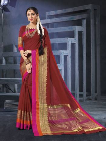 Adorn The Beautiful Queen Look Wearing This Saree In Maroon Color Paired With Maroon Colored Blouse. This Saree And Blouse Are Fabricated On Cotton Silk. Its Rich Fabric And Texture Will Give You Comfort And Lovely Look. Buy This Saree Now.