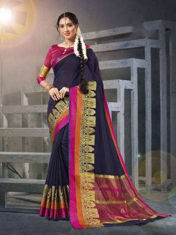 Grab This Pretty saree In Navy Blue Color Paired With Contrasting Dark Pink Colored Blouse. This Saree And Blouse Are Fabricated On Cotton Silk Beautified With Weave All Over Over The Border. This Saree Is Light Weight And Easy To carry All Day Long.