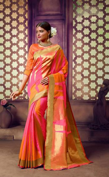 Orange Color Induces Perfect Summery Appeal To Any Outfit, So Grab This Saree In Orange And Pink Color Paired With Orange Colored Blouse. This Saree And Blouse Are Fabricated On Banarasi Art Silk Beautified With Weave. This Bright Saree Will Give An Attractove Look.