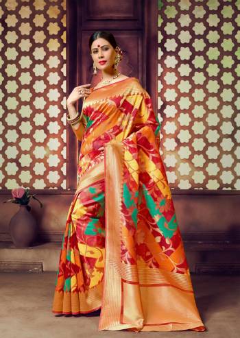 Go Colorful Wearing This Saree In Multi Color Paired With Golden and Orange Colored Blouse. This Saree And Blouse Are Fabricated On Banarasi Art Silk Beautified With Weave All Over It. Wear This At A Wedding, Festival Or Party As Per Your Suitable Function.