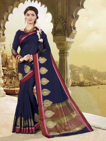 Bold And Beautiful Look You Will Get With This Saree In Navy Blue Color Paired With Navy Blue Colored Blouse. This Saree And Blouse Are Fabricated On Cotton Silk Beautified With Weave. Buy This Lovely Saree Now.