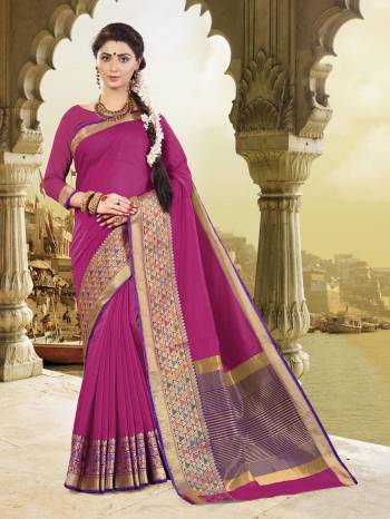 Shine Bright Wearing This Saree In Dark Pink Color Paired With Dark Pink Colored Blouse. This Saree And Blouse Are Fabricated On Cotton Silk Beautified With Weave Over The Border.