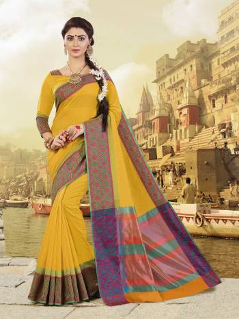 Yellow Color Induces Perfect Summery  Appeal To Any Outfit. So Grab This Attractive Looking Saree In Yellow Color Paired With Yellow Colored Blouse. This Saree And Blouse Are Fabricated On Cotton Silk Beautified With Multi Colored Weave. Buy This Saree Now.