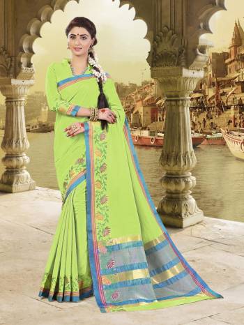 Look Pretty Wearing This Saree In Light Green Color Paired With Light Green Colored Blouse. This Saree And blouse Are Fabricated On Cotton Silk. Its Fabric Is Durable, Light Weight And Soft Towards Skin Which Is Easy To Carry All Day Long.