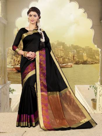 Enhance Your Beauty Wearing This Saree In Black Color Paired With Black Colored Blouse. This Saree And Blouse Are Fabricated On Cotton Silk Beautified With Multi Colored Border. Buy This Saree Now.