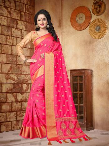 Shine Bright Wearing This Saree In Fuschia Pink Color Paired With Beige Colored Blouse. This Saree Is Fabricated On Soft Silk Paired With Art Silk Fabricated Blouse. It Has Small Jari Embroidered Butta All Over The Saree And Heavy Work At Pallu.