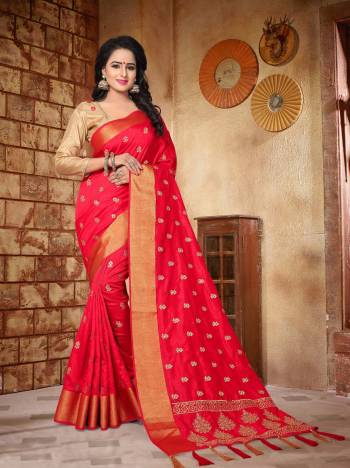 Adorn The Lovely Angelic look Wearing this Saree In Red Color Paired With Beige Colored Blouse. This Saree Is Fabricated On Soft Silk Paired ith Art Silk Fabricated Blouse. This Saree Is Light Weight And Easy To Carry All day Long