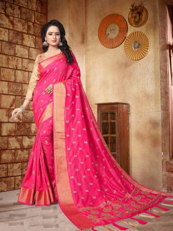 Shine Bright Wearing This Saree In Dark Pink Color Paired With Beige Colored Blouse. This Saree Is Fabricated On Soft Silk Paired With Art Silk Fabricated Blouse. It Has Small Jari Embroidered Butta All Over The Saree And Heavy Work At Pallu.