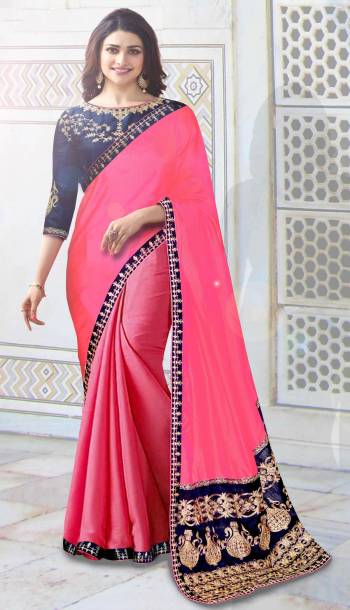 Shine Bright Wearing This Pink Colored Saree Paired With Black Colored Blouse, This Saree Is Fabricated On Soft Silk Paired With Art Silk Fabricated Blouse. Its Pallu And Blouse Are Beautified With Jari Embroidery Which Is Making The Saree More Attractive. 