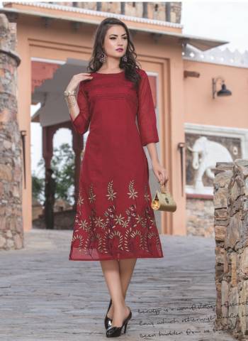 For A Royal Look, Grab This Lovely Maroon Colored Kurti Fabricated On Chanderi Silk Beautified With Thread Work Over The Kurti Panel. Buy This Designer Kurti Now.