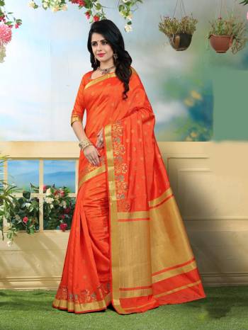 Attract All Wearing This Saree In Attractive Orange Color Paired With Orange Colored Blouse. This Saree And Blouse are fabricated On Art Silk Which Is Durable And Easy To Carry All Day Long.