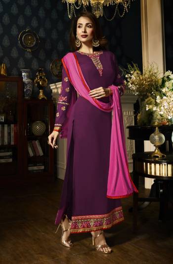 Grab This Designer Straight Cut Suit In Purple Color Paired With Purple Colored Bottom And Paired With Contrasting Pink Colored Dupatta. Its Top Is Fabricated On Georgette Paired With Santoon Bottom And Chiffon Dupatta. Its All Three Fabrics Ensures Superb Comfort All Day Long. 