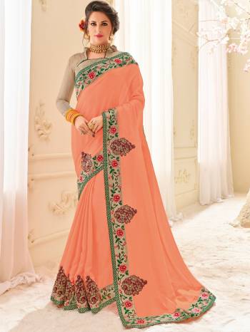 All the Fashionable women will surely like to step out in style wearing this peach color bright chiffon saree. this gorgeous saree featuring a beautiful mix of designs. look gorgeous at an upcoming any occasion wearing the saree. Its attractive color and designer patch, stone, floral design work over the attire & contrast hemline adds to the look. Comes along with a contrast unstitched blouse.