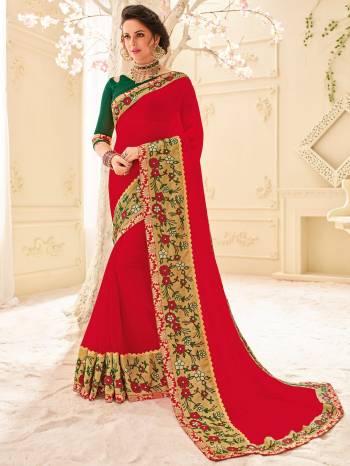 Flaunt a new ethnic look wearing this red color georgette saree. this party wear saree won't fail to impress everyone around you. this gorgeous saree featuring a beautiful mix of designs. Its attractive color and designer patch, stone, floral design work over the attire & contrast hemline adds to the look. Comes along with a contrast unstitched blouse.