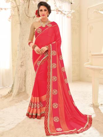 Grab This Amazing Sareeand look pretty like never before. wearing this pink color two tone chiffon pattern saree. this gorgeous saree featuring a beautiful mix of designs. look gorgeous at an upcoming any occasion wearing the saree. Its attractive color and designer patch, stone, floral design work over the attire & contrast hemline adds to the look. Comes along with a contrast unstitched blouse.