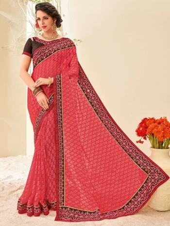 Indian Women presents this pink color brasso saree. look gorgeous at an upcoming any occasion wearing the saree. this party wear saree won't fail to impress everyone around you. Its attractive color and designer patch, stone, floral design work over the attire & contrast hemline adds to the look. Comes along with a contrast unstitched blouse.