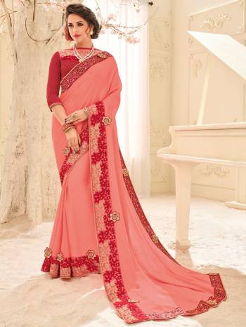 The fabulous pattern makes this Light pink color bright Georgette saree. Ideal for party, festive & social gatherings. this gorgeous saree featuring a beautiful mix of designs. Its attractive color and designer patch, stone, floral design work over the attire & contrast hemline adds to the look. Comes along with a contrast unstitched blouse.