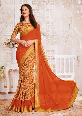 This Summer Beat The Heat With Such Bright And Attractive Colors With This Saree In Orange And Yellow Color Paired With Yellow Colored Blouse. This Saree And Blouse are Fabricated On Georgette. It Is Light Weight And Easy To carry All Day Long.