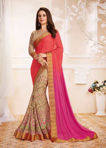 Shades Are In Always In Trend And Gives An Attractive Look Overall. Grab This Saree In Shaded Pink And Beige Color 