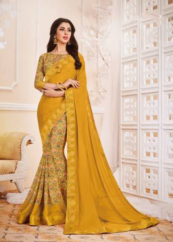 Shine Bright Wearing This Saree In Musturd Yellow Color Paired With Mustur Yellow Colored Blouse. This Saree And Blouse Are Fabricated On Georgette Beautified With Prints And Lace Border. Buy Now.