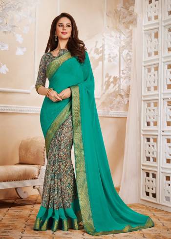 For Your Regular Wear, Grab This Simple Saree In Turquoise Blue Color Paired With Multi Colored Blouse. This Saree And Blouse are Fabricated On Georgette Beautified With Prints And Lace Border. Buy It Now.