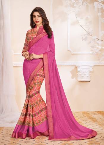 Here Is A Rich Looking Saree In Pink Color Paired With Multi Colored Blouse. This Saree And Blouse Are Fabricated On Georgette Beautified With Bold Floral Prints. Buy This Saree Now.