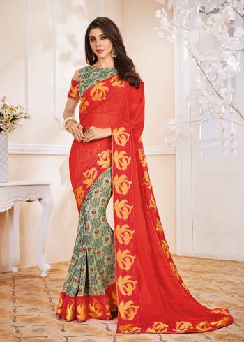 Grab This Attractive Looking Saree In Red And Pastel Green Color Paired With Pastel Grene Colored Blouse. This Saree And Blouse Are Fabricated On Georgette With Bold And Small Prints All Over. Buy Now.