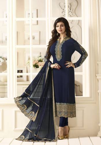 For An Elegant Personality, Grab This Designer Straight Cut Suit In Navy Blue Color Paired With Navy Blue Colored Bottom And Dupatta. Its Top Is Fabricated On Georgette Paired With Santoon Bottom And Chiffon Dupatta. Its Has Detailed Embroidery Over The Top And Dupatta. Buy Now.