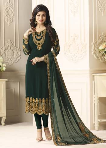 Add This New Shade Of Green To Your Wardrobe With This Pine Green Colored Designer Straight Cut Suit Paired With Pine Green Colored Bottom And Dupatta. Its Top Is Fabricated On Georgette Paired With Santoon Bottom And Chiffon Dupatta. It Is Light Weight And Easy To Carry Throughout The Gala.