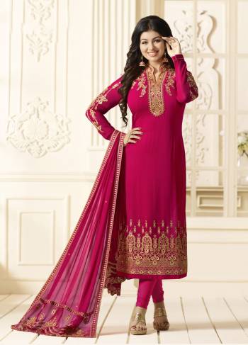 Bright And Visually Appealing Color Is Here With This Designer Straight Cut Suit In Rani  Pink Color Paired With Rani Pink Colored Bottom And Dupatta. Its Top Is Fabricated On Georgette Paired With Santoon Bottom And Chiffon Dupatta. Its All Three Fabrics Ensures Superb Comfort All Day Long.