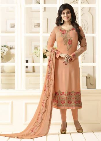 Most Demanding Color Of The Season Is Here With This Lovely Peach Colored Designer Straight Cut Suit Paired With Peach Colored Bottom And Dupatta. Its Top Is Fabricated On Georgette Paired With Santoon Bottom And Chiffon Dupatta. All three Fabircs Are Soft Towards Skin And Easy To Carry All Day Long.