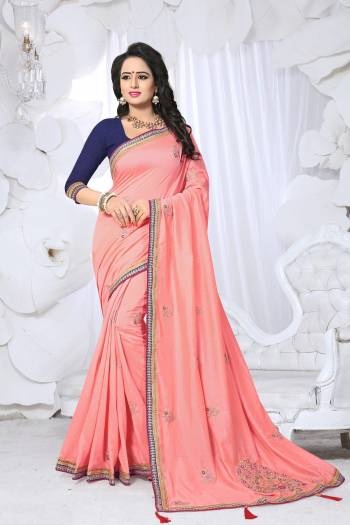 Add This Lovely Saree For The Next Party With This Designer Saree In Light Pink Color Paired With Contrasting Navy Blue Colored Blouse. This Saree Is Fabricated On Soft Silk Paired With Art Silk Fabricated Blouse. It Is Light Weight And Easy To Carry All Day Long.