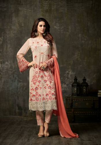 Flaunt Your Simple, Rich And Elegant Taste Wearing This Designer Straight Cut Suit In Light Peach Color Paired With Light Peach Colored Bottom And Peach Colored Dupatta. Its Top Is Fabricated On Georgette Paired With Santoon Bottom And Chiffon Dupatta. Buy It Now.