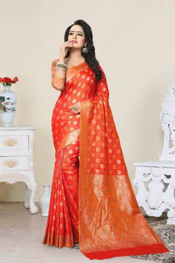 Shine Bright Wearing This Saree In Bright Orange Color Paired With Orange Colored Blouse. This Saree And Blouse Are Fabricated On Banarasi Art Silk Beautified With Weave. It Is Easy To Drape And Durable.