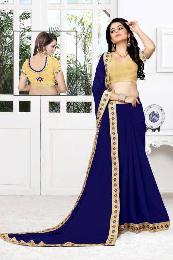 Grab This Attractive Saree In Royal Blue Color Paired With Beige Colored Blouse. This Pretty Simple Saree Is Fabricated On Georgette Paired With Art Silk Fabricated Blouse. Its Has Embroidered Lace Border And Blouse. Buy Now.