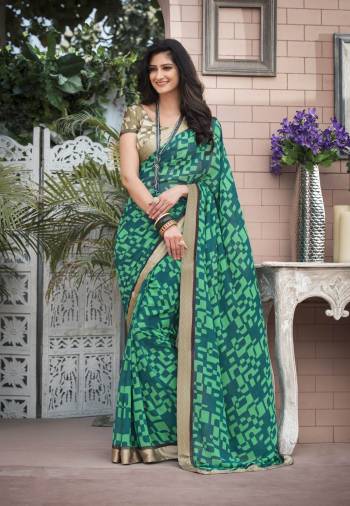 For Your Semi-Casual Wear, Grab This Pretty Saree In Light Green Color Paired With Contrasting Khaki Colored Blouse. This Saree Is Fabricated On Georgette Paired With Satin Fabricated Blouse. This Saree Is Light Weight And Easy To Carry All Day Long.