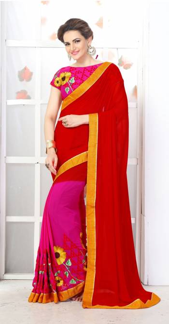 Attract All Wearing This Vibrant Saree In Red And Dark Pink Color Paired With Dark Pink Colored Blouse. This Saree Is Fabricated On Georgette Paired With Art Silk Fabricated Blouse. It Has Embroidery Over The Blouse And Saree Panel.