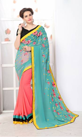 Go Colorful Wearing This Saree In Turquoise Blue And Peach Color Paired With Black Colored Blouse. This Saree Is Fabricated On Georgette Paired With Art Silk And Net Fabricated Blouse. It Has Contrasting Embroidery Which Is Making The Saree More Pretty And Earn You Lots Of Compliments From Onlookers.