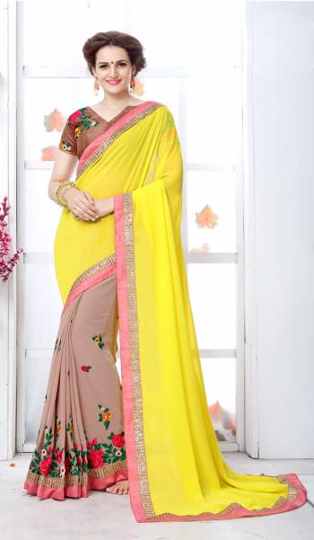 Add This Lovely Saree To Your Wardrobe In Yellow And Beige Color Paired With Brown Colored Blouse. This Saree Is Fabricated On Georgette Paired With Art Silk Fabricated Blouse. It Is Light Weight And Easy To Carry all Day Long.